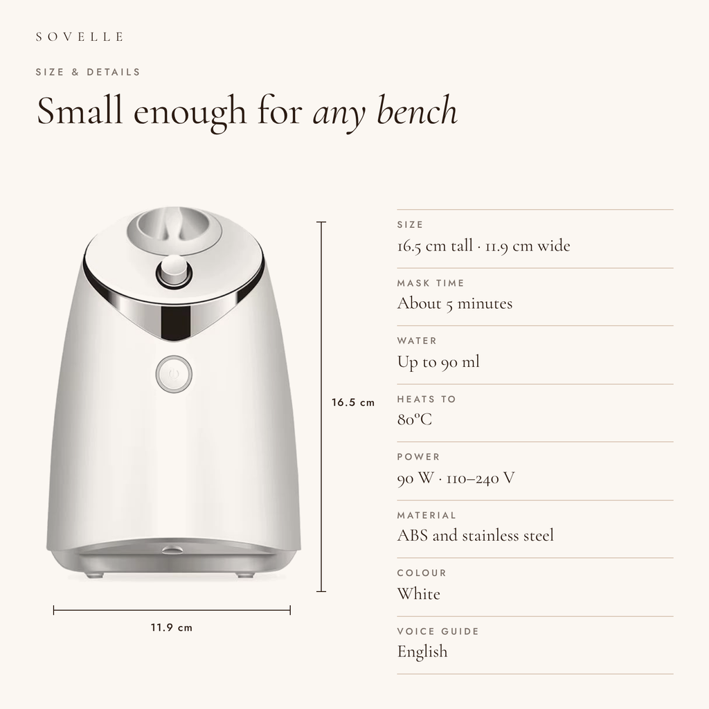 Face mask maker size: 16.5 cm tall and 11.9 cm wide, with product details