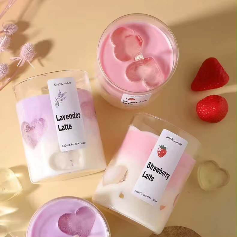 Lavender Latte and Strawberry Latte soy candles with wax hearts