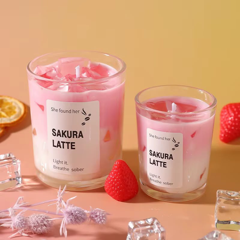 Sakura Latte soy candle in two glass jars with strawberries