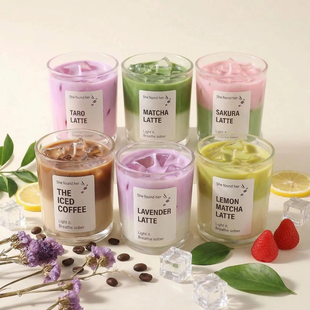 Six latte soy candles in glass jars: Taro, Matcha, Sakura, Iced Coffee, Lavender and Lemon Matcha