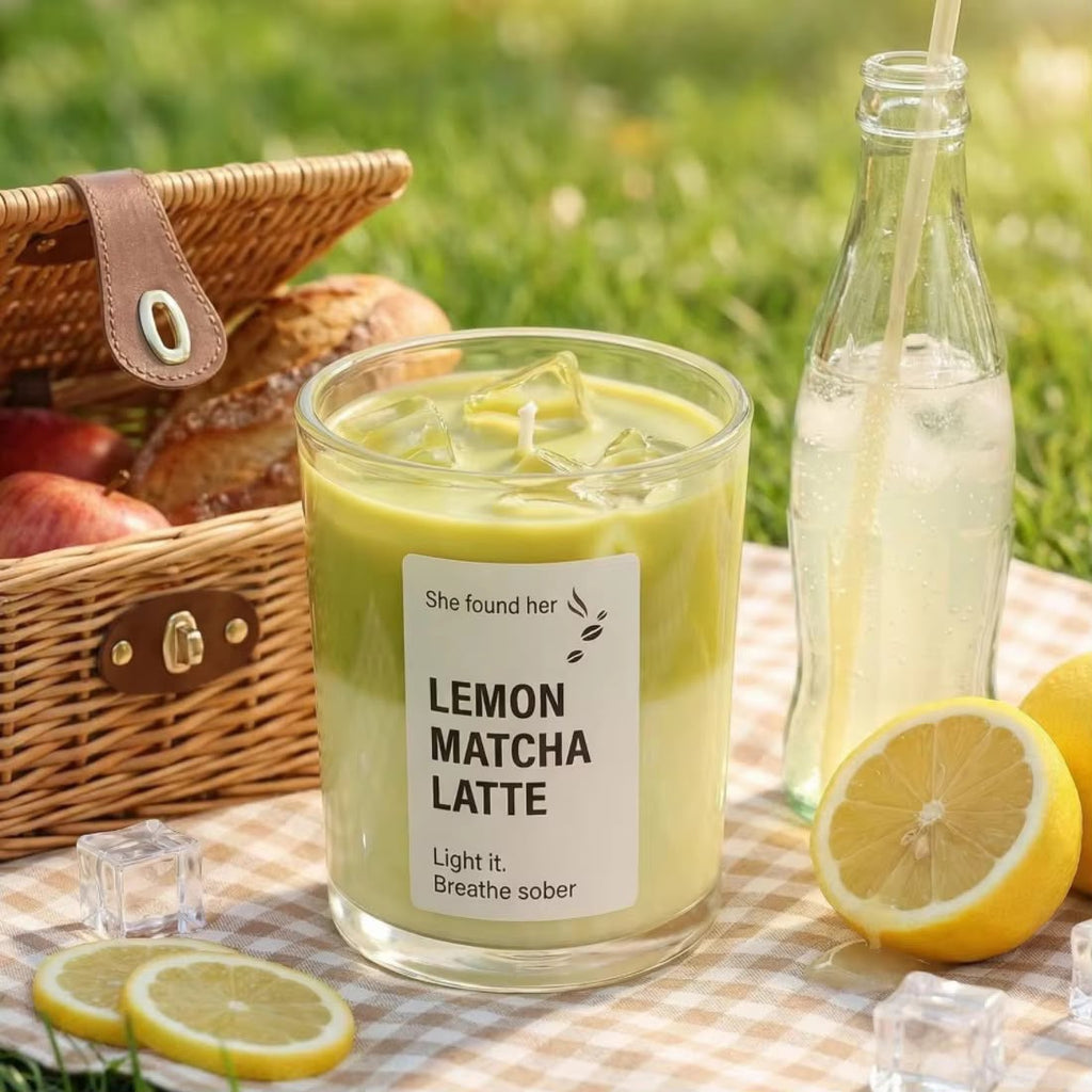 Lemon Matcha Latte soy candle on a picnic blanket