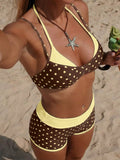 Chocolate brown and yellow polka dot strappy bikini top with matching boy-short bottoms