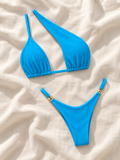 Aqua one shoulder bikini flat lay