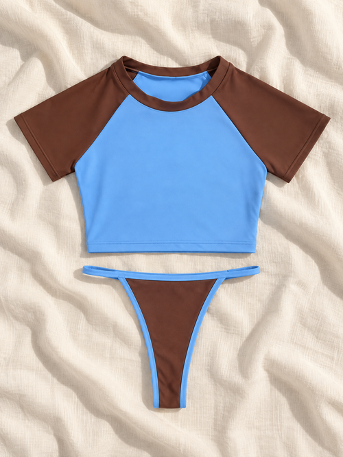 Blue brown swim tee set flat lay