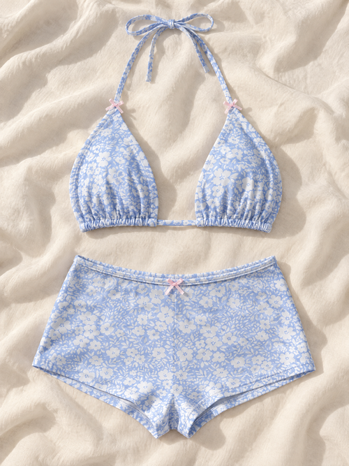 Blue floral shorts set flat lay