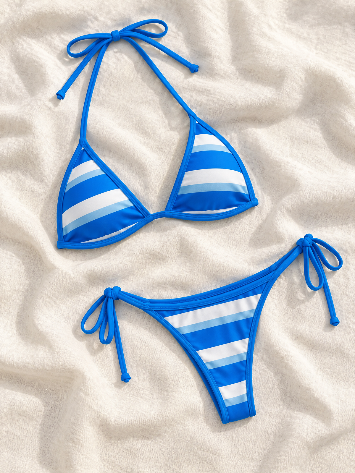 Blue stripe tie bikini flat lay