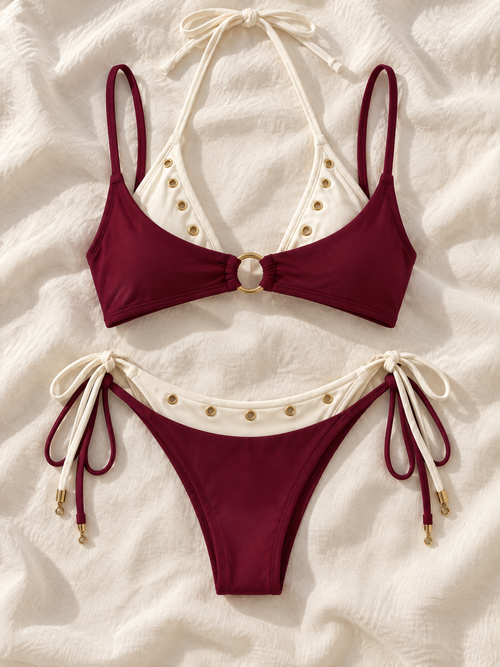 Burgundy cream layered bikini flat lay
