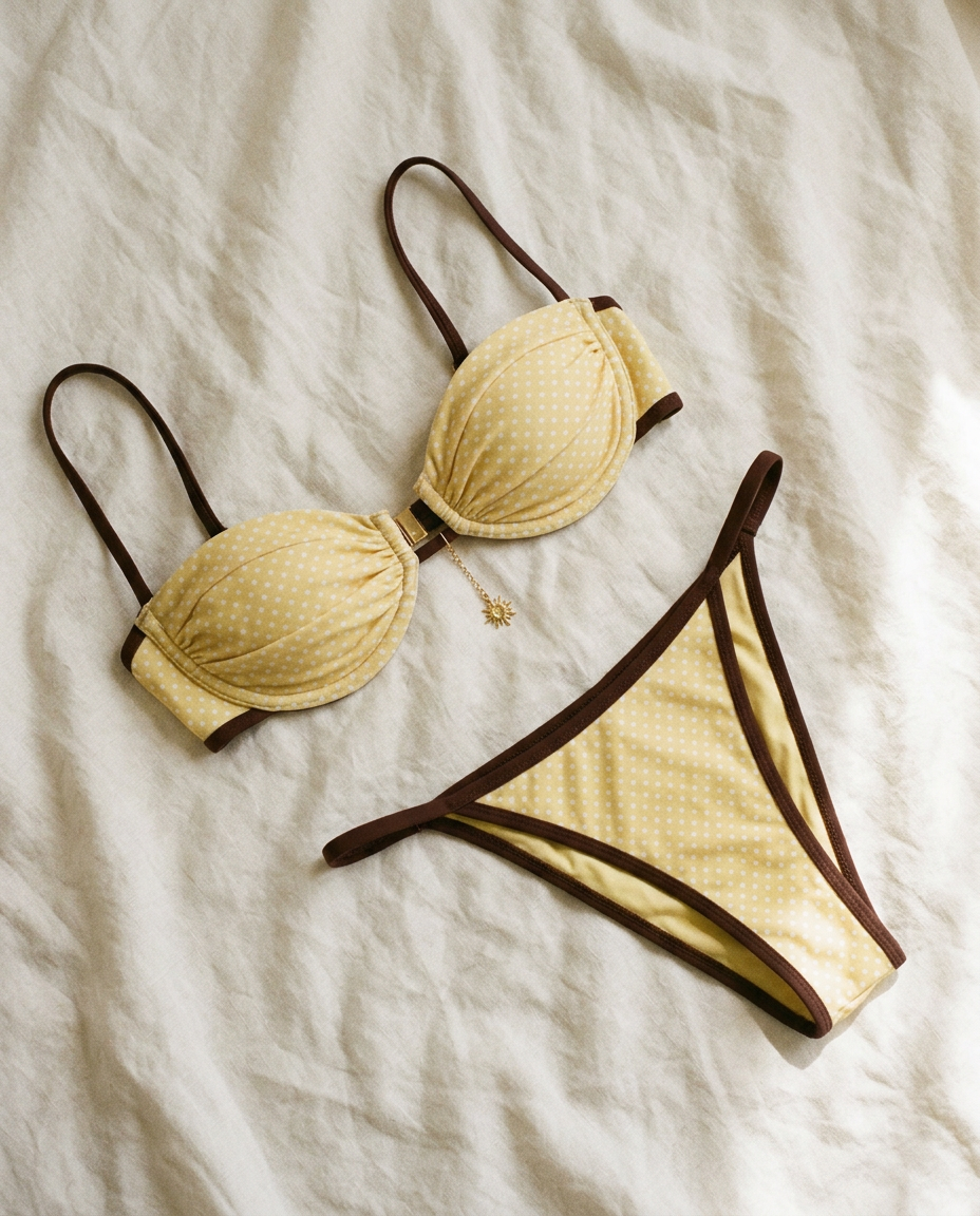 Butter yellow polka dot balconette bikini with brown trim, flat lay