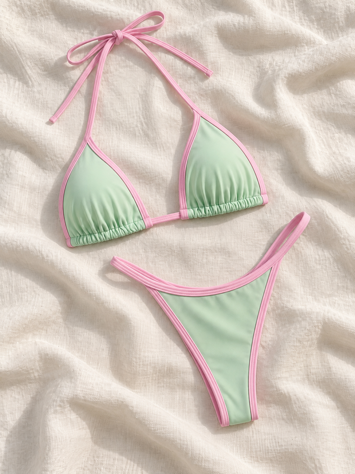 Mint pink bikini flat lay