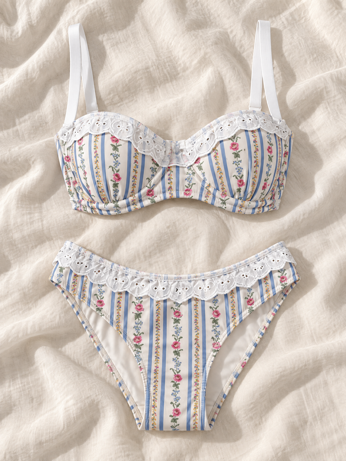 Rose stripe lace bikini flat lay