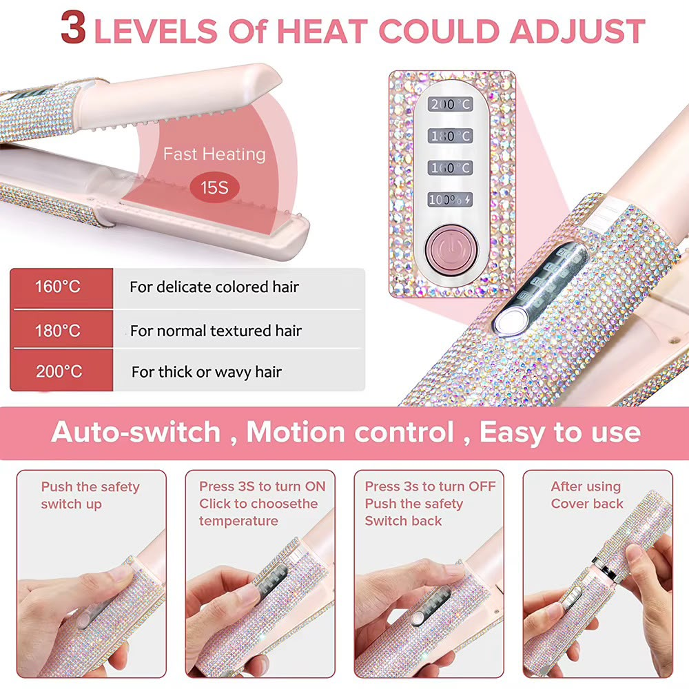 Cordless rhinestone hair straightener with 3 heat levels