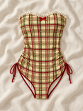 Tartan strapless one piece flat lay