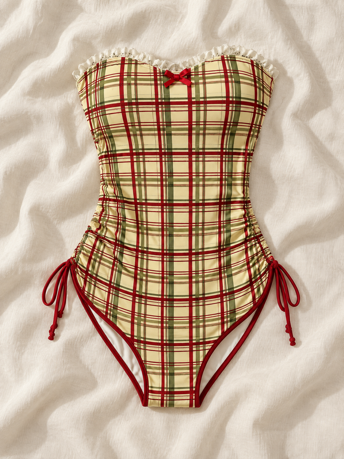 Tartan strapless one piece flat lay