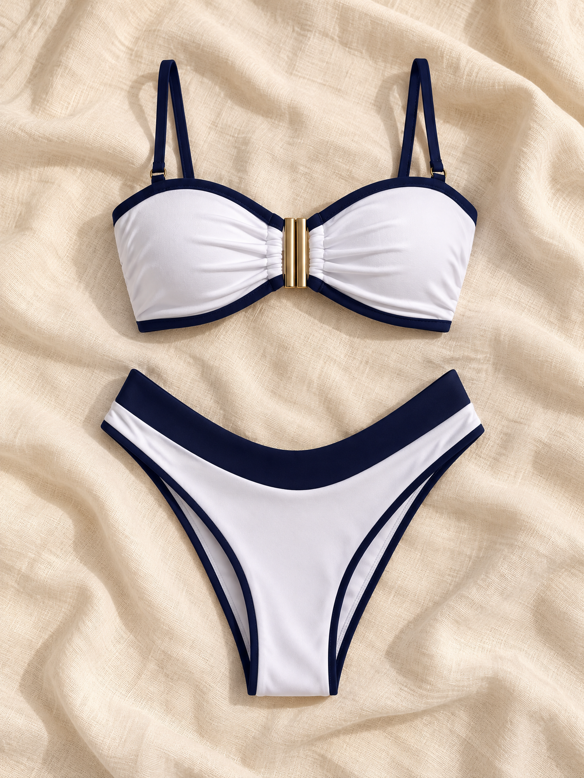 White navy clasp bikini flat lay