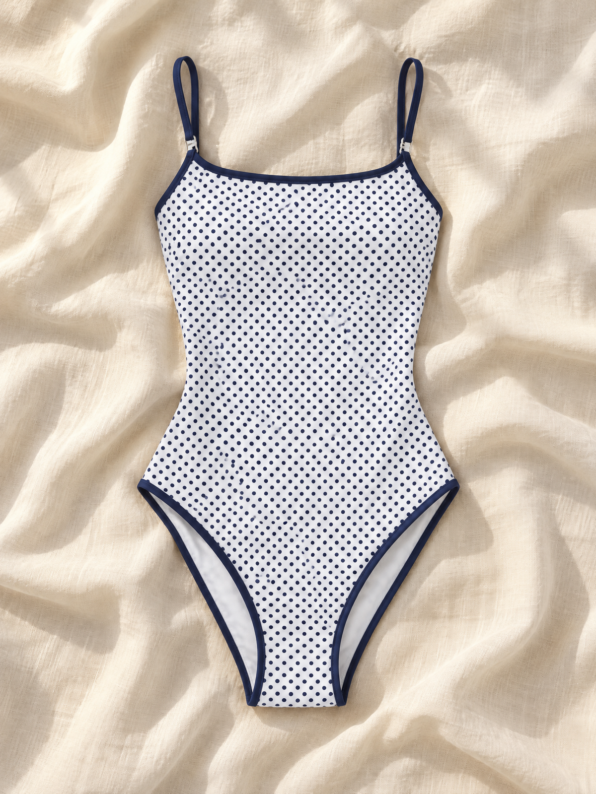 White navy dot one piece flat lay